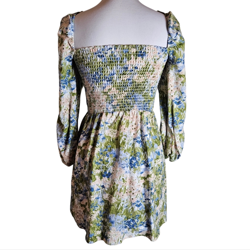 Reformation Greyson Hillside Floral Linen Mini Dress Sz S Smocked Puff Sleeves - Picture 6 of 16